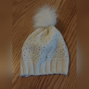White Knit Beanie with Pom Pom and Rhinestones